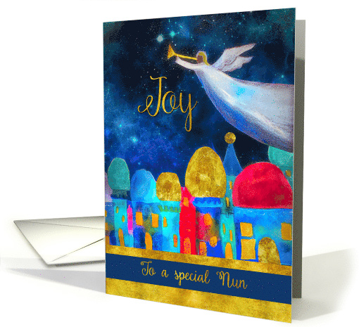 To a special Nun, Christmas, Bethlehem, Angel, Gold-Effect card