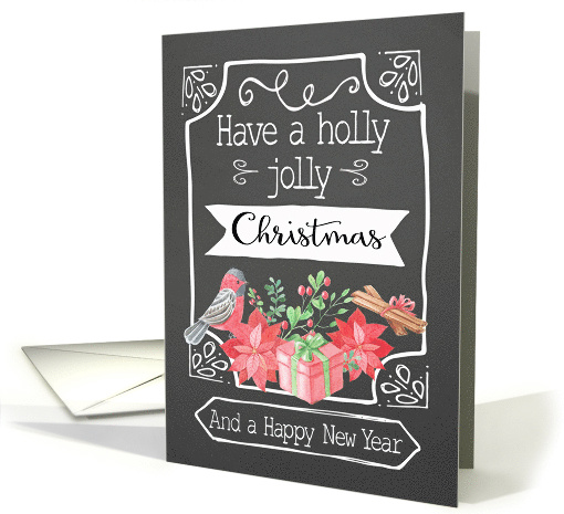 Holly Jolly Christmas, Bird, Poinsettia, Chalkboard card (1498294)