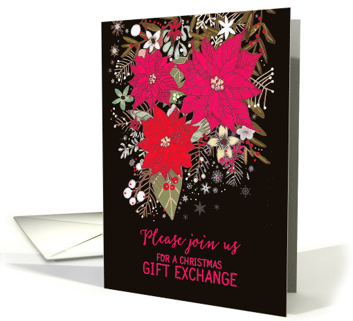 Christmas Gift Exchange Invitation, Poinsettias, Painting card