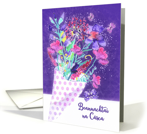 Happy Easter in Irish Gaelic, Watercolor Spring Bouquet card (1509944)
