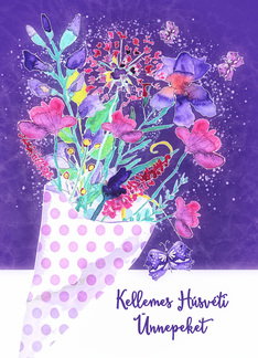 Happy Easter in Hungarian, Watercolor Spring Bouquet