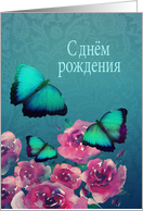 Russian, Happy Birthday, Butterflies and Roses card