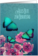 Happy Birthday in German, Butterflies, Flowers card