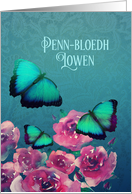 Happy Birthday in Cornish, Penn-Bloedh Lowen, Butterflies, Flowers card