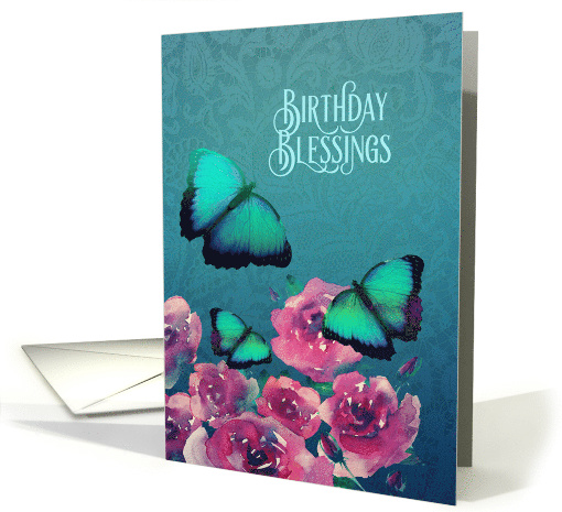 Birthday Blessings, Christian, Scripture, Butterflies, Flowers card