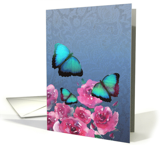 Blank Note Card, All Purposes, Butterflies, Roses, Blue... (1522860)