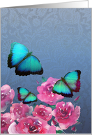 Blank Note Card, All Purposes, Butterflies, Roses, Blue and Emerald card