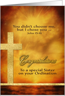 To my Sister, Congratulations, Ordination, Scripture, Gold-Effect card