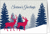 Season’s Greetings, Landscape, Reindeer, Red, White, Blue card