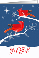 Merry Christmas in Swedish, God Jul, Red Cardinal Birds, Snowflakes card