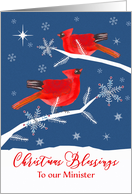 To our Minister, Merry Christmas, Christian, Cardinal Birds, Winter card