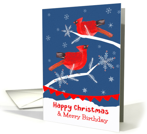 Birthday on Christmas Eve, Cardinal Birds, Winter Landscape card