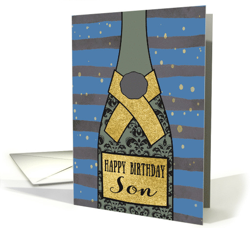 Son, Happy Birthday, Champagne, Gold-Effect, Stripes and Bubbles card