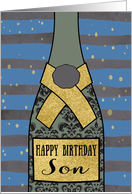 Son, Happy Birthday, Champagne, Gold-Effect, Stripes and Bubbles card