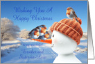 Brother and Sister in Law Robins and Snowman Christmas card