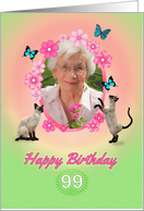 99th Birthday card with cats and butterflies, add photo and name card