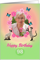98th Birthday card with cats and butterflies, add photo and name card