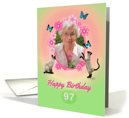 97th Birthday card with cats and butterflies, add photo and name card