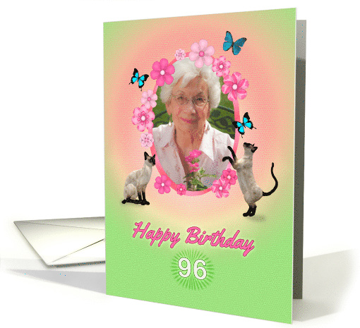 96th Birthday card with cats and butterflies, add photo and name card