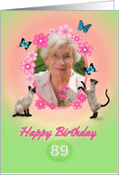 89th Birthday card with cats and butterflies, add photo and name card