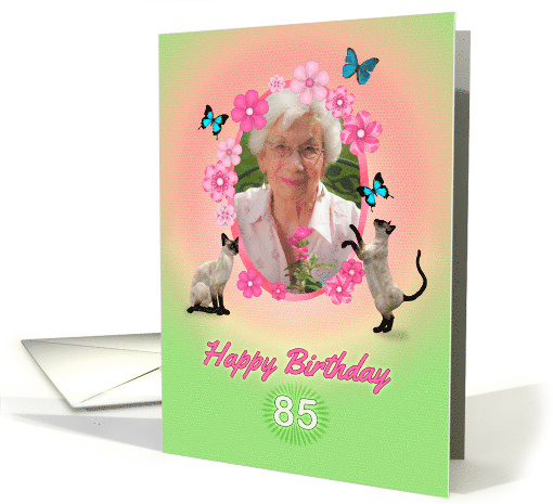 85th Birthday card with cats and butterflies, add photo and name card