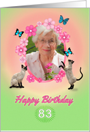 83rd Birthday card with cats and butterflies, add photo and name card