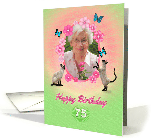 75th Birthday card with cats and butterflies, add photo and name card