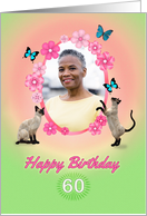 60th Birthday card with cats and butterflies, add photo and name card