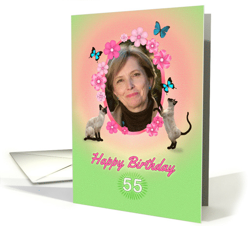 55th Birthday card with cats and butterflies, add photo and name card