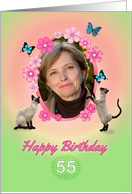 55th Birthday card with cats and butterflies, add photo and name card