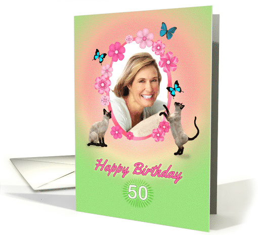 50th Birthday card with cats and butterflies, add photo and name card