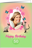 50th Birthday card with cats and butterflies, add photo and name card