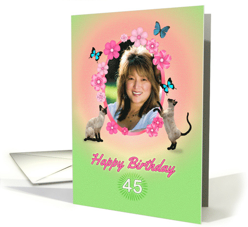 45th Birthday card with cats and butterflies, add photo and name card