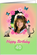40th Birthday card with cats and butterflies, add photo and name card