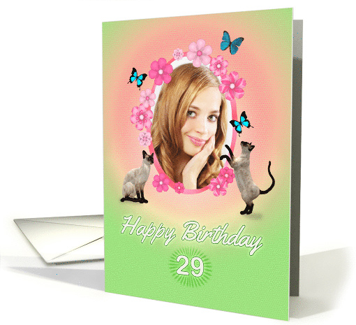 29th Birthday card with cats and butterflies, add photo and name card