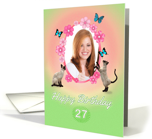 27th Birthday card with cats and butterflies, add photo and name card