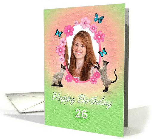 26th Birthday card with cats and butterflies, add photo and name card