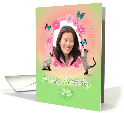 25th Birthday card with cats and butterflies, add photo and name card
