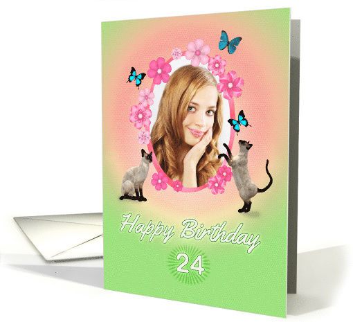 24th Birthday card with cats and butterflies, add photo and name card