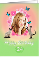 24th Birthday card with cats and butterflies, add photo and name card
