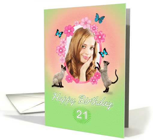 21st Birthday card with cats and butterflies, add photo and name card