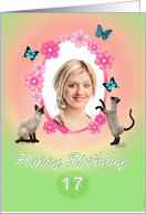 17th Birthday card with cats and butterflies, add photo and name card