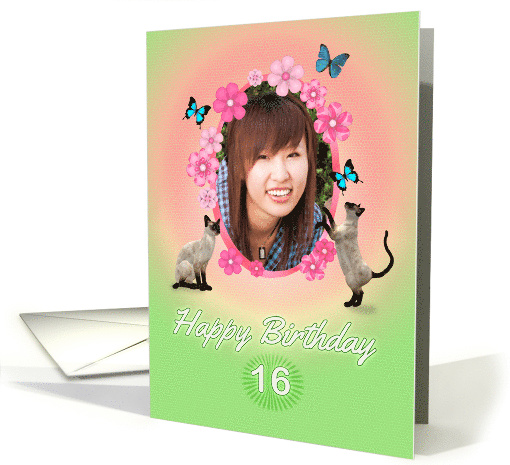 16th Birthday card with cats and butterflies, add photo and name card