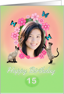 15th Birthday card with cats and butterflies, add photo and name card