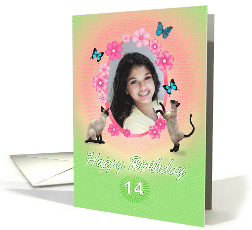 14th Birthday card with cats and butterflies, add photo and name card