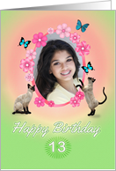 13th Birthday card with cats and butterflies, add photo and name card