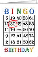 30th Birthday Bingo card