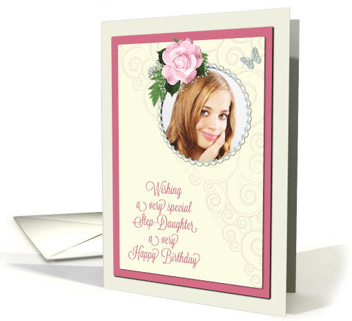 Add a picture, step-daughter birthday with pink rose and jewels card
