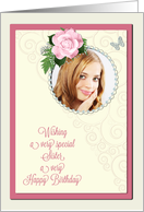 Add a picture, sister birthday with pink rose and jewels card