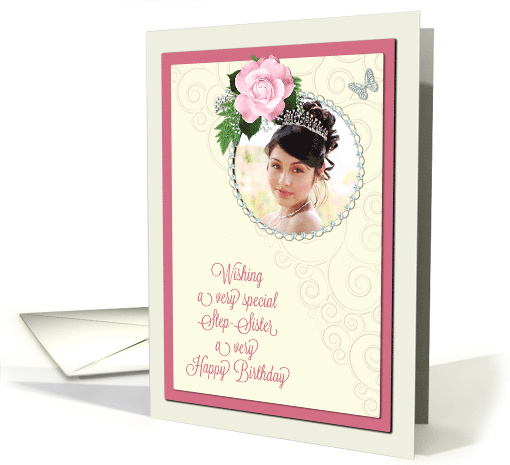 Add a picture,step-sister birthday with pink rose and jewels card